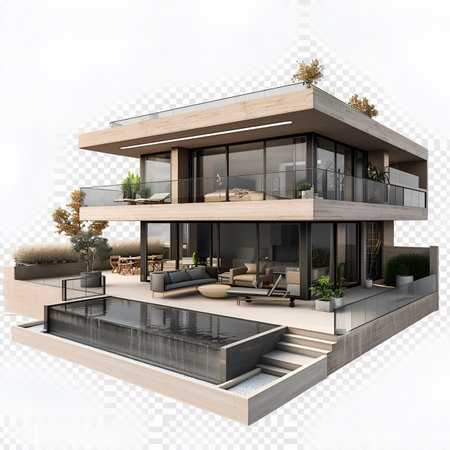 3d rendering of modern cozy house with pool and parking for sale or rentの素材
