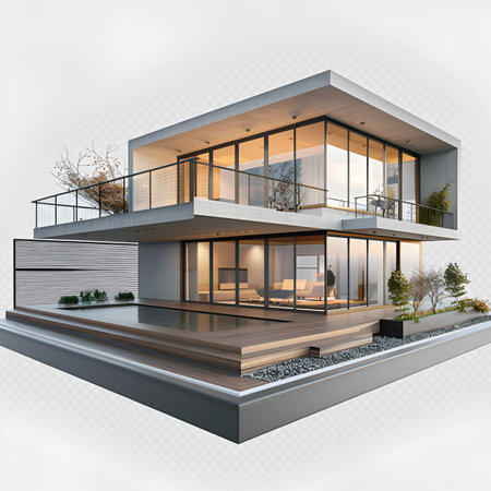 3d render of modern cozy house with garage and pool for sale or rentの素材