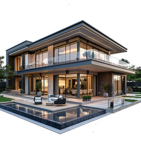 3d rendering of modern cozy house with garage and pool for sale or rent. Black and whiteの素材