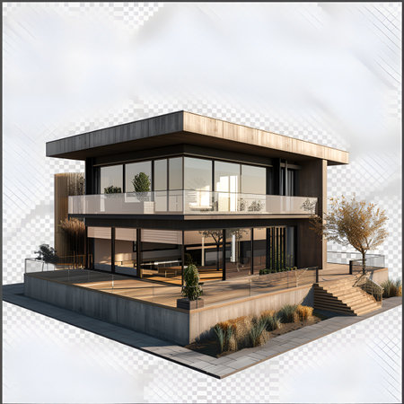 3d rendering of modern cozy house with garage and pool for sale or rent with wood plank facade. Black and white colors.の素材