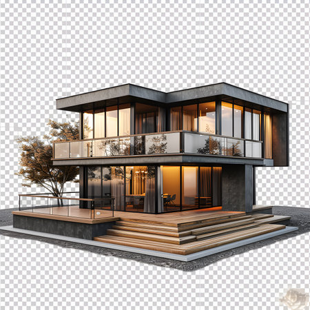 3d rendering of modern cozy house with garage and pool for sale or rent with wood plank facade. Isolated on transparent background.の素材