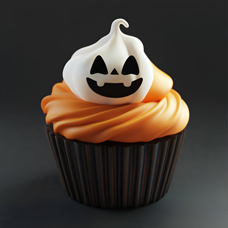 Halloween cupcake with pumpkin face on top isolated on black backgroundの素材