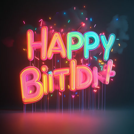 Happy Birthday lettering in neon style on dark background. Vector illustration.の素材