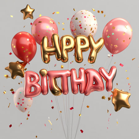 Happy Birthday Balloons Celebration Party Decoration 3D Render Illustrationの素材