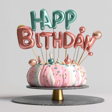 Happy birthday cake with candles and balloons on top, 3d renderの素材