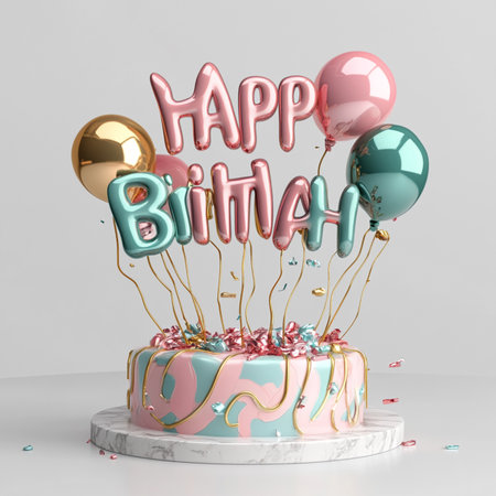 Happy Birthday cake with colorful balloons and confetti. 3D Renderの素材
