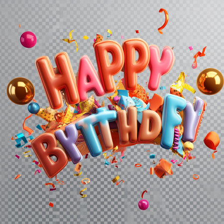 Happy Birthday card with balloons and confetti isolated on transparent background. Vector illustrationの素材