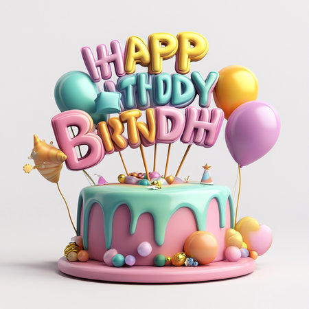 Happy birthday cake with balloons and confetti on white background 3D renderingの素材