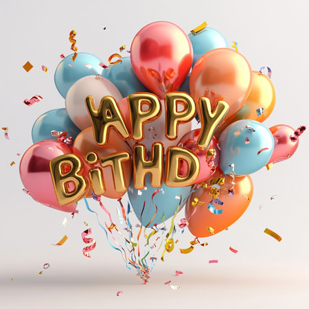 Happy Birthday Balloons Confetti Celebration Party 3D Render Illustrationの素材