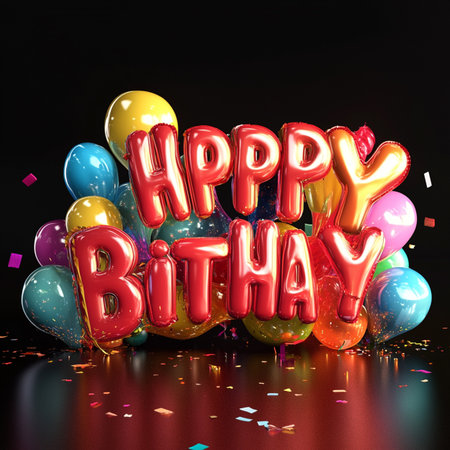 Happy Birthday balloon with confetti on black background. 3D Renderの素材