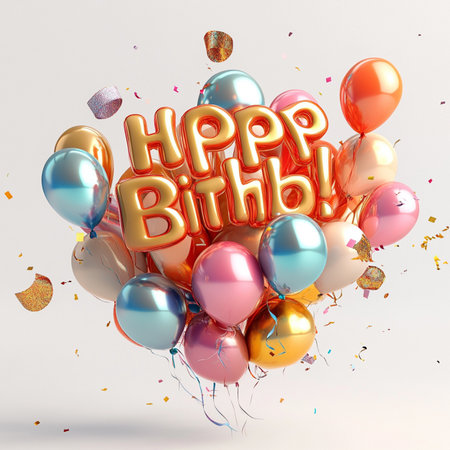 Happy Birthday lettering with balloons and confetti. 3D Renderの素材