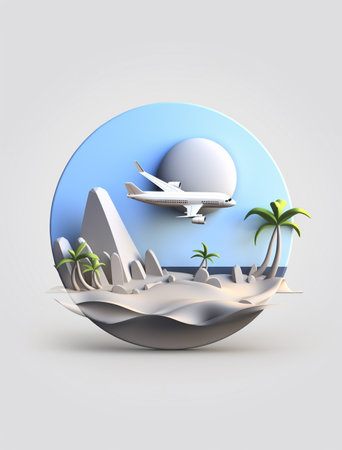Airplane flying over island with palm trees. 3D illustration.の素材