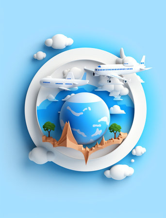 Airplane flying around the earth in paper art style. Vector illustration.の素材