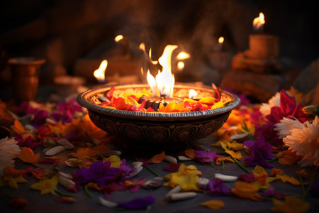 Indian Festival Diwali, Diya oil lamps lit on colorful rangoli. Hindu traditional.の素材