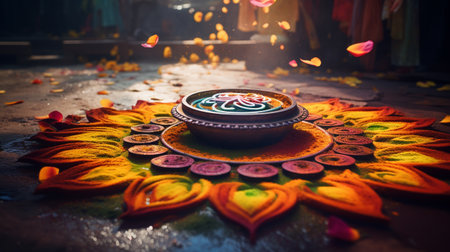 Indian Festival Diwali, Diwali lamps lit on colorful rangoliの素材