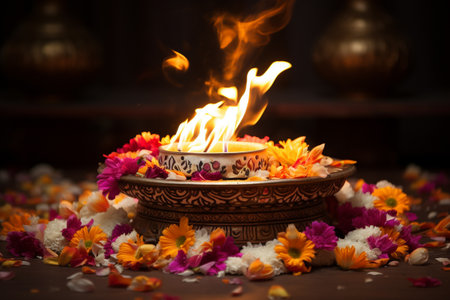 Diwali diya or oil lamp with flower petals.の素材
