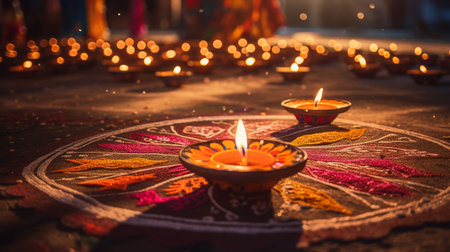 Indian Festival Diwali, Diwali oil lamps lit on colorful rangoliの素材