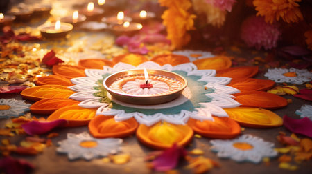 Happy Diwali - Clay Diya lamps lit during Dipavali, Hindu festival of lights celebration.の素材