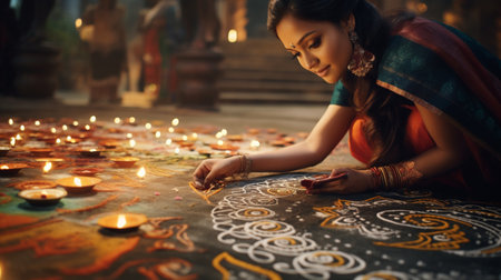 Beautiful indian woman making diwali or deepawali with oil lampの素材