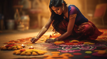Indian woman making diwali or deepawali on the floorの素材