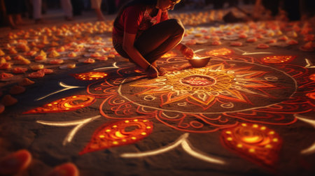 Hindu devotees perform religious rituals on the banks of the Ganges at night.の素材