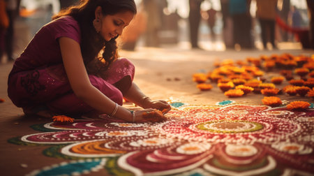 Indian woman playing marigold flowers on the ground in India.の素材