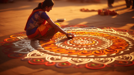 Beautiful Indian girl playing on the floor at the temple in Indiaの素材