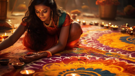 Indian woman with diwali diya on the floor at homeの素材