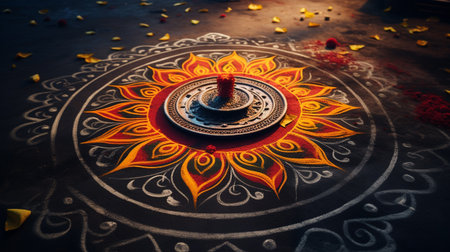 Indian Festival Diwali, Diwali or Deepavali, oil lamps lit on colorful rangoli. Hindu traditional.の素材