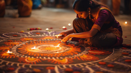 Unidentified girl lighting diwali lamps in Kolkataの素材