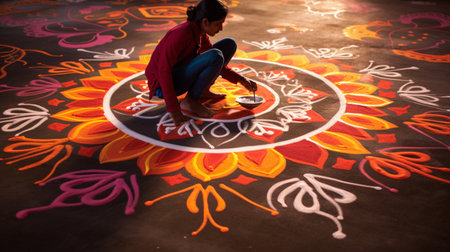 Young woman sitting on the floor and drawing with chalk on a wallの素材
