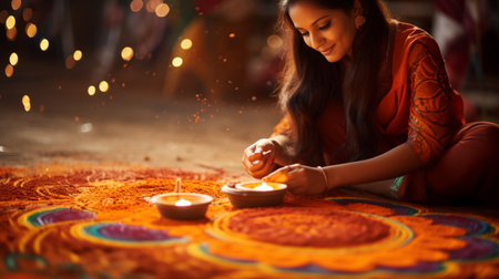 Beautiful Indian woman lighting diya on Diwali festival in Indiaの素材