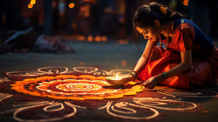 Beautiful Indian woman lighting a candle in Diwali festival.の素材