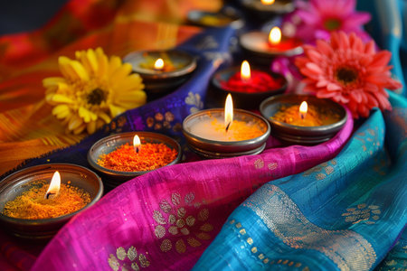 Indian festival Diwali, Diwali oil lamps lit on colorful rangoli. Hindu traditional. Selective focusの素材