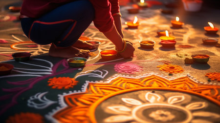 Close up of a little girl playing with colorful candles on the groundの素材