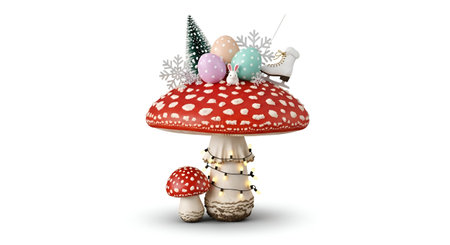 3d illustration of a fly agaric mushroom with Christmas decorationの素材