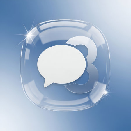 bubble speech icon on glass sphere on blue sky with sunflareの素材