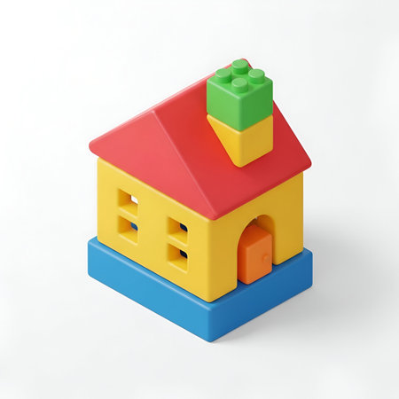 3d illustration of colorful toy house over white background with clipping pathの素材