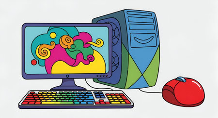 Computer with a mouse and a cloud on the screen. Vector illustrationの素材