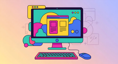 Colorful illustration of computer with website on screen. Cloud computing conceptの素材