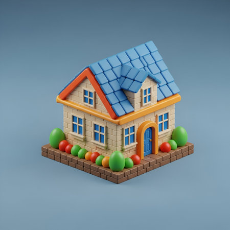 3d illustration of a house with easter eggs on blue backgroundの素材