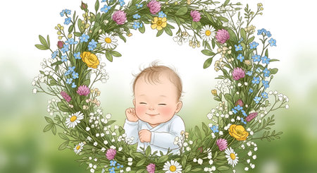 Cute baby boy in a wreath of flowers. Vector illustration.の素材