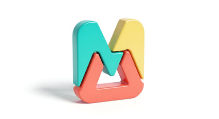3d rendering of the letter M in multicolored plastic on a white backgroundの素材