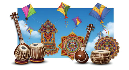 Vector illustration of Indian festival Holi with kites and mandolinの素材