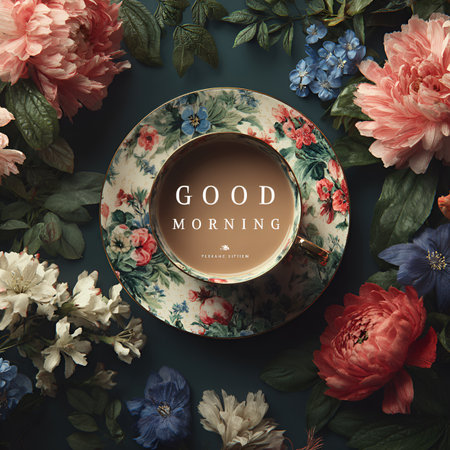 Cup of coffee with peony flowers on a dark blue backgroundの素材