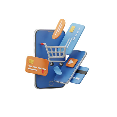 Online shopping concept. Smartphone with shopping cart and credit cards. 3d illustrationの素材