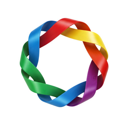 A colorful braided ribbon circle symbolizing unity and diversity on a white backgroundの素材