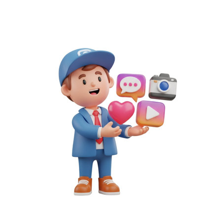 3D Render of Cartoon Delivery Man with Social Media Icons.の素材