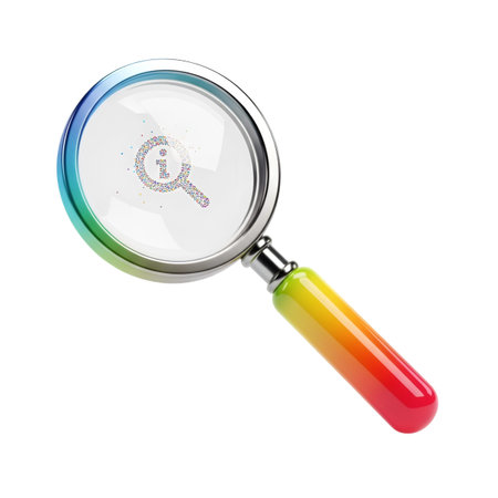 A magnifying glass with a rainbow handle and a detailed design on the lensの素材