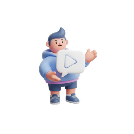 A cheerful cartoon character holding a play button in a speech bubbleの素材